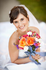Beautiful, Happy Bride Holding Bouquet of Flowers for Wedding - Portrait from Above
