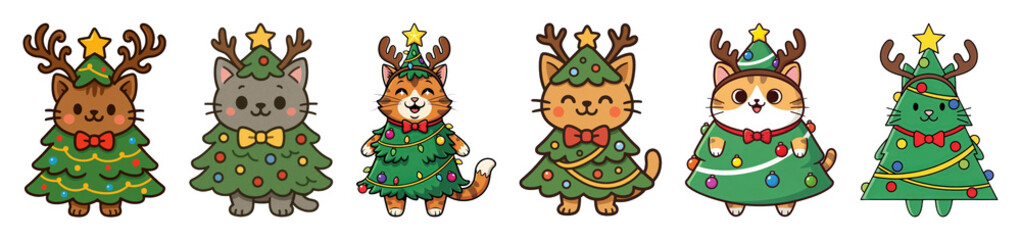 Fototapeta premium Christmas cat characters set including various tree costumes, antlers, and festive decor isolated. Holiday season illustrations.