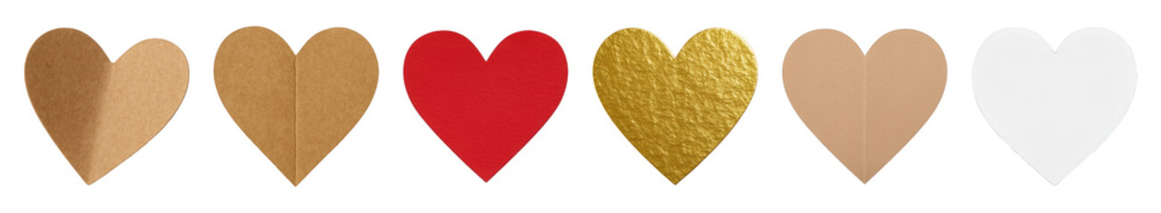Obraz premium Decorative heart set including kraft folded, flat kraft, red textured, gold foil, beige folded, and white hearts isolated. Love and romance design elements.