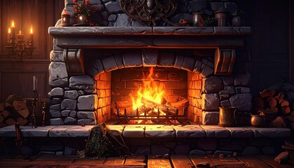 Cozy Stone Fireplace with Warm Firelight and Festive Decor