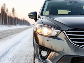 Close-up view of a dark gray car on a snowy road with its headlights on, surrounded by a winter forest.