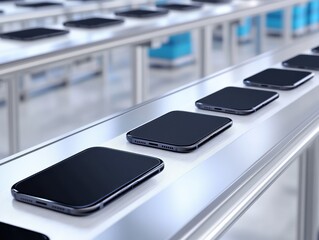 Sleek, dark mobile devices moving along a modern, automated factory assembly line, indicating mass production.