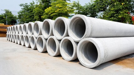 A large stack of grey concrete pipes for construction or drainage, neatly arranged on a paved surface with green trees in the background.