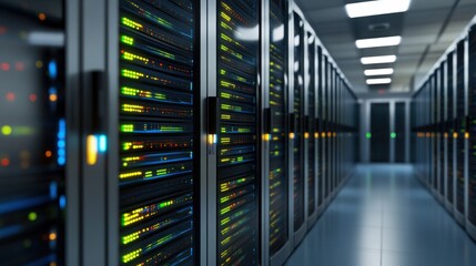 A long, illuminated aisle of server racks in a modern data center with numerous blinking lights, signifying network activity and technological infrastructure.