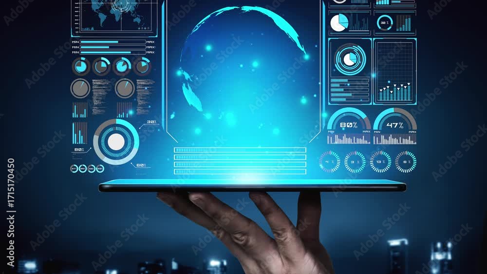 Poster high-tech global network connection interface showing worldwide digital communication, data exchange