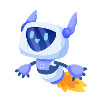 Cartoon-style happy robot flying with flames from its legs, futuristic and cheerful, isolated on white background. Concept of friendly AI. Vector illustration
