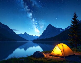 Serene lake campsite under a night sky