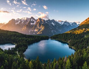Aerial View of a Deep Blue Alpine Lake Surrounded by Green Forest and Snow Capped Mountains at Sunset with Golden Light