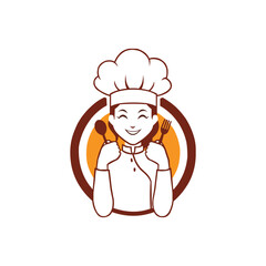 Happy chef character with spoon and fork in circle emblem ready to cook delicious food