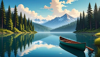 Serene lake landscape with a canoe