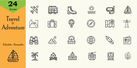 Travel and adventure themed line icon collection