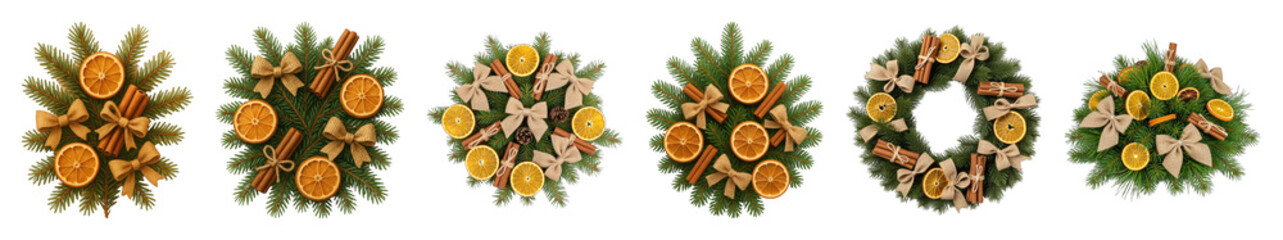 Rustic Christmas decoration set including wreaths, branches, and festive compositions isolated. Winter holiday design collection.