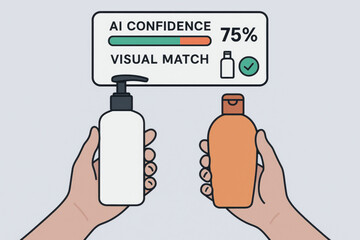 AI confidence visual match 75 percent with two hands holding bottles for production in industry using ai image processing