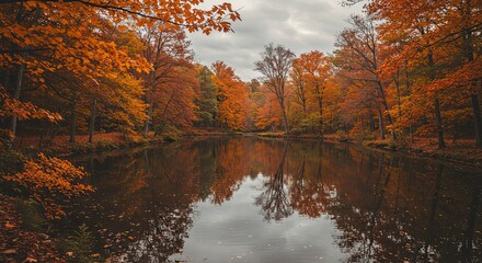 Obraz premium Autumnal Lake Reflection: Vibrant Fall Foliage Mirroring Cloudy Sky Landscape.