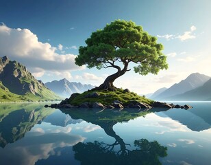 Serene lake scene with a solitary tree on an island