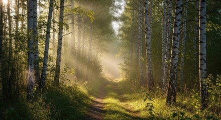 Obraz premium Sunlight filtering through birch trees on a forest path.