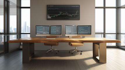 Minimalist open office with large wooden desk, dual monitors showing financial charts