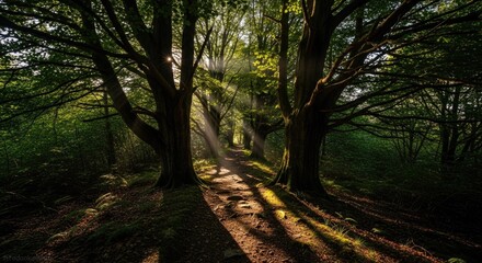 Fototapeta premium Sunlight streams through trees in a lush forest creating shadows.