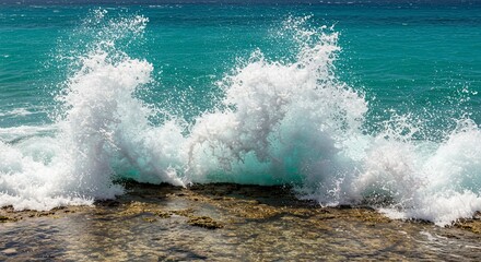 Fototapeta premium Crashing Wave Splendor: Turquoise Sea Meets Rocky Shoreline in Dynamic Coastal Scene