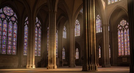 Fototapeta premium Sunlit Gothic Cathedral Interior Architecture.