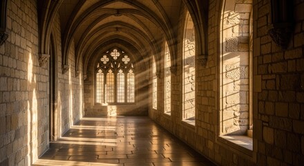 Fototapeta premium Sunlit Gothic Cloister Hallway Architecture.