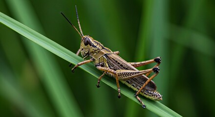 Detailed Macro Shot of Grasshopper on Green Blade, Nature's Beauty.