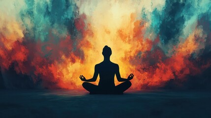 Silhouette of a person meditating amidst colorful clouds.