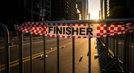 A checkered "finisher" banner across barricades on a city street, marking the end of a marathon or similar event.