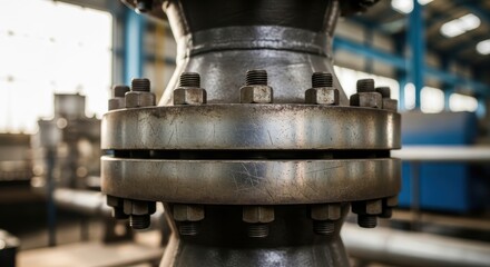 Industrial connection of metal pipes with bolts and nuts in a factory