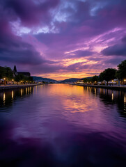Fototapeta premium Colorful sunset over a serene river in a scenic town