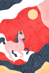 年賀状（午年）2026年 馬と月 和モダンな和紙と和柄の背景テンプレート