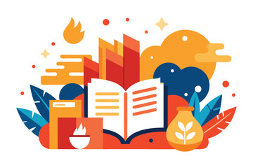 Obraz premium Education and Knowledge Concept with Open Book, Flame, and Abstract Elements learning