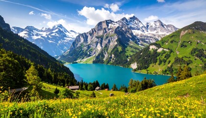 Scenic alpine lake surrounded by mountains and wildflowers