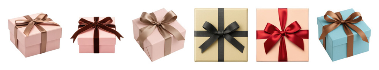 Fototapeta premium Assorted gift boxes set including various colors, sizes, and ribbons isolated. Celebration, holiday, and retail packaging.