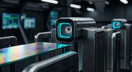 Futuristic Security: Biometric Scanner with Glowing Eye Display in Dark Tech Environment