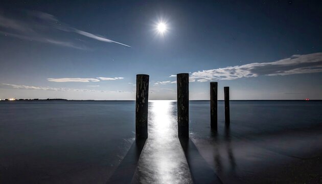 Nighttime Seascape with Moonlit Water and Silhouetted Wooden Posts - Powered by Adobe