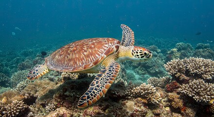 Graceful Sea Turtle Gliding Over Vibrant Coral Reef, Underwater Beauty