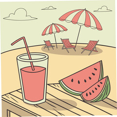 Illustration of a watermelon juice and slices on a beach with umbrellas on a beige background