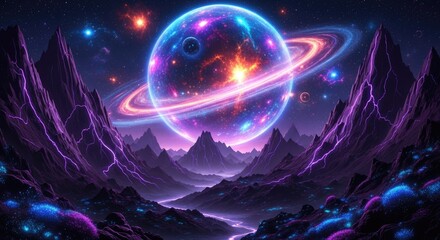 Vibrant Alien Planet Landscape with Ringed Celestial Body and Glowing Flora.