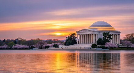 Jefferson Memorial bathed in vibrant sunrise colors reflecting in water