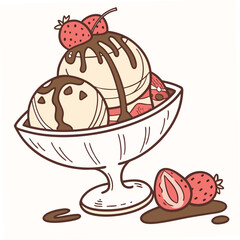 Vector art of a tempting ice cream sundae with vanilla and strawberry ice cream, chocolate sauce, and fresh strawberries