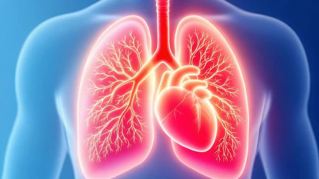 Detailed anatomical illustration of the human respiratory system, showcasing the lungs and heart in vibrant red and blue hues against a transparent background; a medically accurate, high-resolution