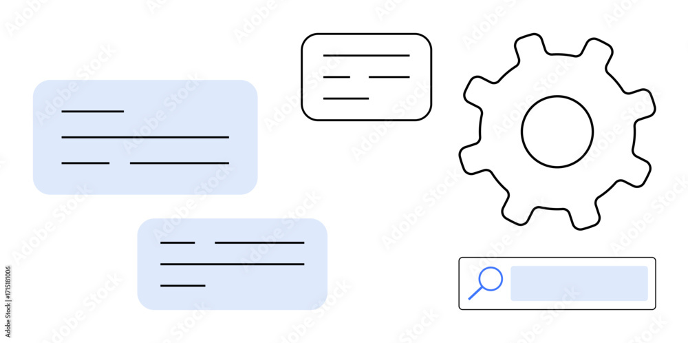 Poster gear representing process automation, text boxes for communication, and search bar for information r