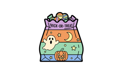 Colorful Halloween Trick-or-Treat Bag with Candy and Ghost.