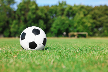 Soccer ball on green grass outdoors, space for text. Football game