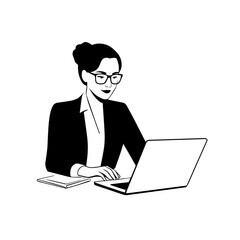 Black and white line art of a beautiful successful career woman working at desk with laptop illustration