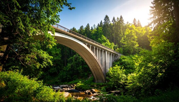 Scenic arch bridge through lush forest