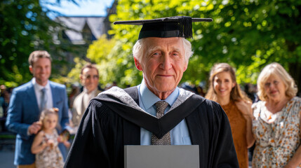 Proud graduate holding diploma outdoors surrounded by family in bright sunlight celebrating achievement and togetherness on a festive day in a university setting.