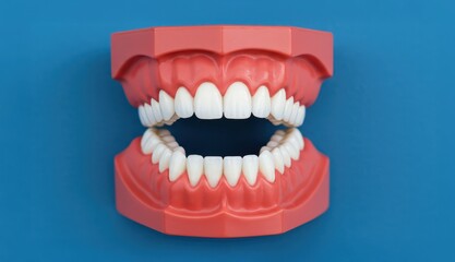 Obraz premium Teeth Model: A close-up view of a dental model showcases a perfect set of pristine white teeth set in a vibrant gum line, all against a serene blue backdrop. 