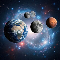 Naklejka premium Cosmic planetary system with earth, moons and mars with stars backdrop